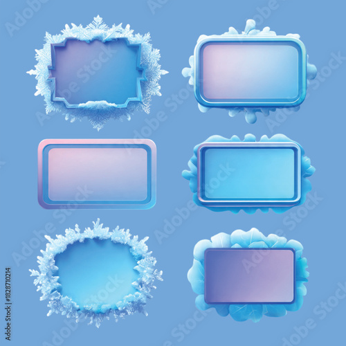 Winter Sale Promotional Vector Badge Set Featuring Snowflake Frames and Frosty Gradient Labels