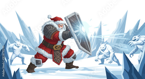 Santa battles ice creatures in a frozen landscape using magic shield protection