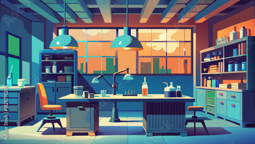 Stylish laboratory interior for scientific research, creative workspace with modern design, perfect for innovation and experimentation, originally a scalable graphic