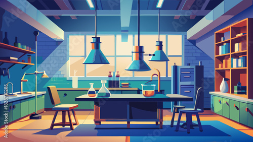 Modern science laboratory setup perfect for research, educational materials, or creative projects requiring a clean, bright, and stylized aesthetic