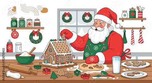 Santa Claus baking gingerbread house at his festive kitchen, holiday traditions and christmas cheer