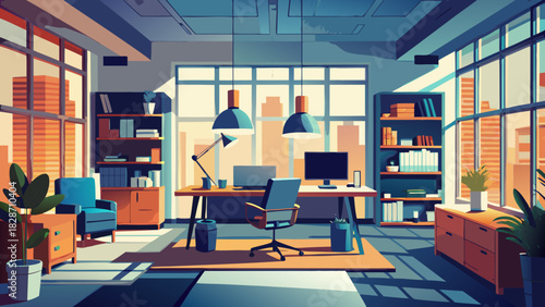 Modern minimalist office interior illustration with city view, promoting productivity and professional success in a bright and airy workspace design