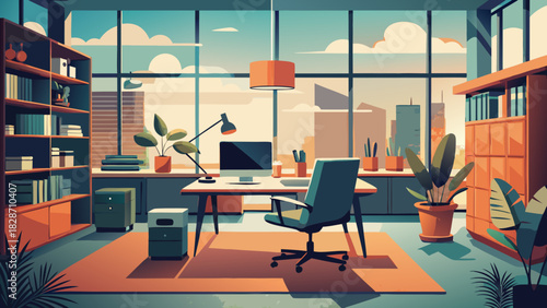 Modern office interior bathed in light, inspiring productivity and success with a calming, professional atmosphere for business growth and innovation