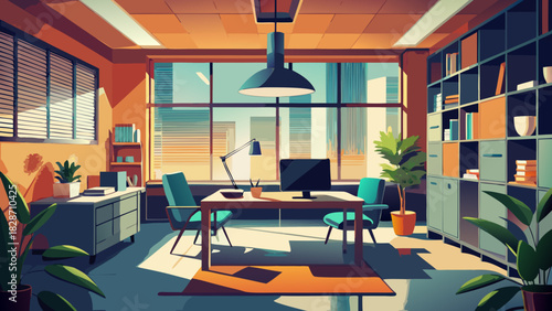 Modern office space with desk and chairs, perfect for showcasing productivity and collaboration in a bright, sunny environment originally a scalable graphic