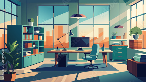 Modern office workspace bathed in sunlight, showcasing urban views and sleek furniture perfect for creative design or corporate presentations, vector graphic