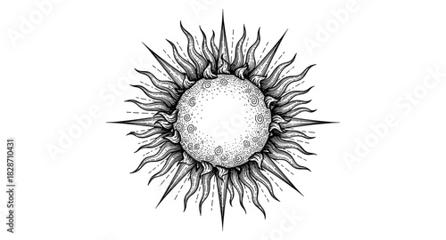 Intricate line art of sun with radiating flames in black and white