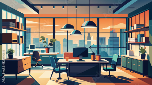 Inspiring workspace with city views, perfect for boosting creativity and productivity in a modern office setting. Serene and stylish work environment.