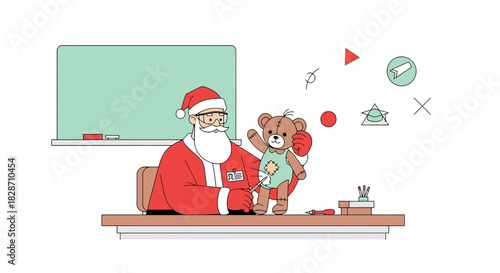 Santa Claus diligently repairing a teddy bear in his workshop at the north pole