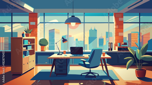 Modern office interior design with city view offers bright workspace with desk, chair, laptop, and plants, inspiring creativity and professional success