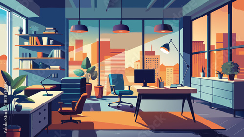 Modern office space with city view evokes productivity and success, ideal for startups, remote work, and corporate presentations with a vibrant, energetic feel