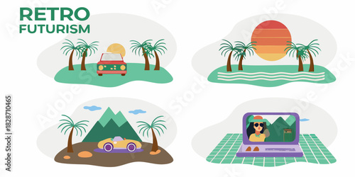 Retro futurism concept with cars palm trees sunset and video call on laptop