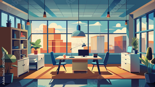 Stylish modern office workspace designed for productivity and comfort, perfect for creative professionals and remote work environments with city views