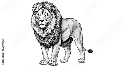 Detailed black and white lion drawing featuring realistic and intricate line art