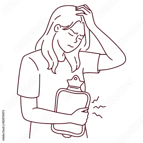 Black and white line art of a girl suffering from menstrual cramps. Coloring page illustration of a woman treating abdominal pain with heat for health brochure.