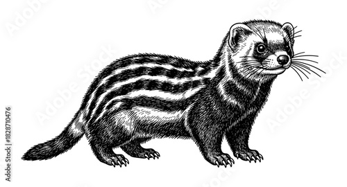 Detailed black and white mustelid animal engraving art