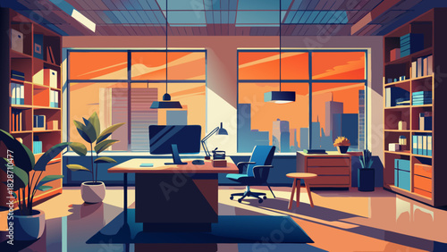 Inspiring modern office workspace with city view and warm sunset glow, perfect for productivity and creativity, a positive atmosphere for remote work