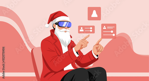Santa Claus embracing virtual reality to manage his gift distribution network efficiently in