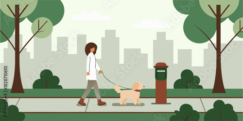 Woman walking dog in city park with trees and buildings