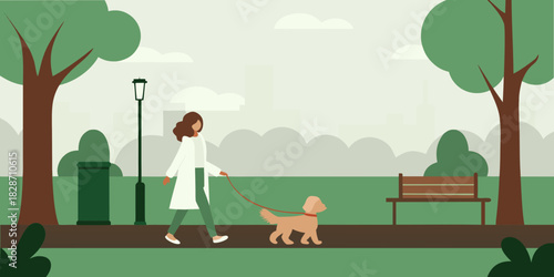 Woman walking dog in the park on a leash with trees and bench