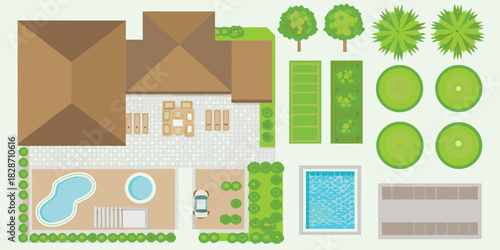 Top down view of a house with a swimming pool patio and garden elements for landscape design