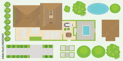 Top down view of a modern house with a swimming pool garage and landscaped yard