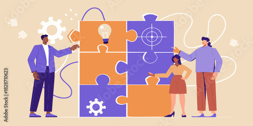 Teamwork and collaboration diverse team assembling puzzle pieces for business strategy success