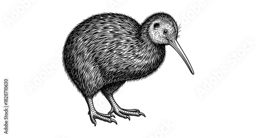 Detailed black and white kiwi bird drawing with intricate line art style