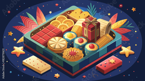 Festive mooncake box with traditional treats and a wrapped gift, perfect for Mid-Autumn celebrations and cultural events, evokes joy and togetherness