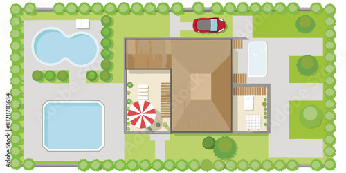 Aerial view of a modern house with swimming pools a hot tub and a red car