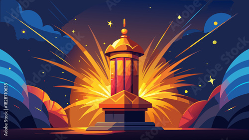 Striking golden lantern radiating light in a celestial nightscape, modern vector design ideal for festive greetings and vibrant digital art projects