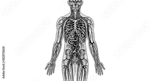 Detailed anatomical diagram of human body's circulatory and digestive systems in sketch style