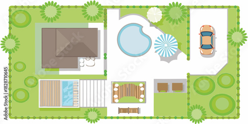 Top view illustration of a modern house with a swimming pool patio and car in the driveway