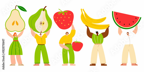 Diverse people holding up large fruit slices and bunches illustration