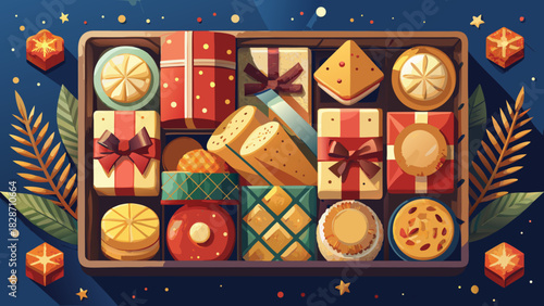 Elegant assortment of delectable sweets and beautifully wrapped gifts creates a festive and joyful holiday mood, perfect for seasonal celebrations