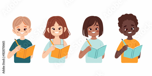 Diverse group of children studying with books and pencils illustration