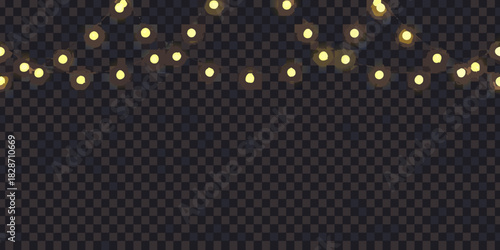 Festive string lights with warm yellow bulbs create a magical glow against a dark checkered background