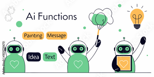 Ai functions illustration with robots lightbulb and painting for artificial intelligence concepts