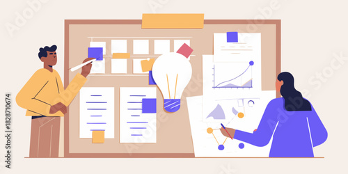 Diverse team brainstorming and planning with charts and ideas on a board