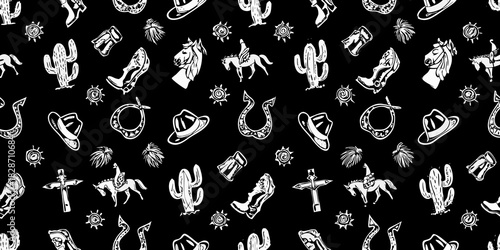 Whimsical western pattern with cowboy hats boots horses cacti and sun symbols
