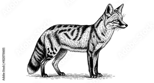 Detailed pen and ink illustration of a standing african wild dog