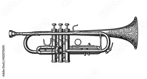 Intricate detailed trumpet with ornate engraving in vintage style