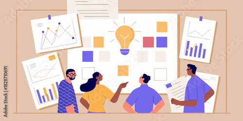 Diverse team brainstorming ideas with lightbulb and charts on a board