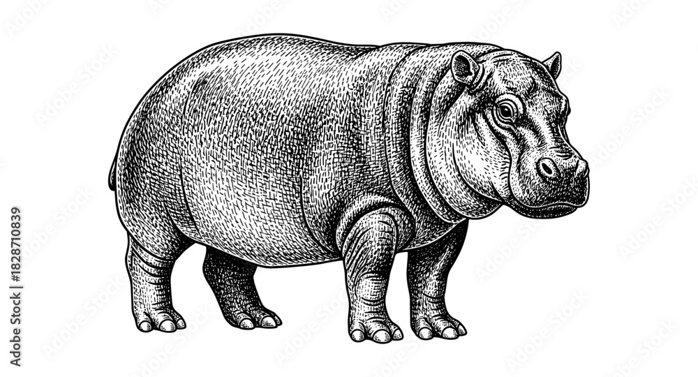Fototapeta premium Detailed hand drawn hippopotamus in vintage engraving style