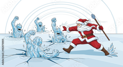 Santa Claus faces off against ice monsters on a frozen battleground cartoon illustration