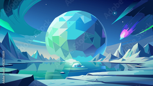 Stunning geometric crystal planet shines over frozen landscape, creating a futuristic fantasy scene with vibrant colors and dynamic energy and otherworldly beauty