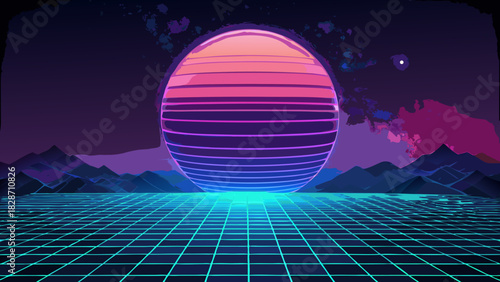 Stunning neon sunset over digital grid landscape, perfect for retro gaming, vibrant synthwave music, or bold futuristic tech concepts; a vibrant modern design element