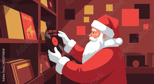 Santa Claus finds classic rock vinyl records in his festive vintage musical collection