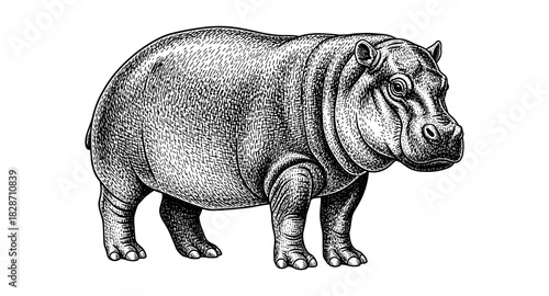 Detailed hand drawn hippopotamus in vintage engraving style