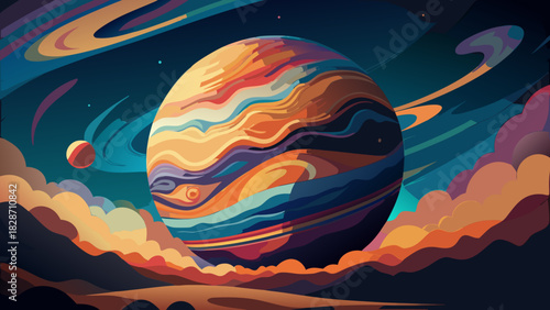 Dreamy planetscape with vibrant colors and swirling patterns, capturing the imagination with celestial skies and cosmic wonders, perfect for space exploration themes