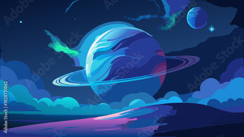 Stunning planetary landscape with rings and celestial bodies for visionary designs, modern posters, vibrant book covers, and creative sci-fi art projects